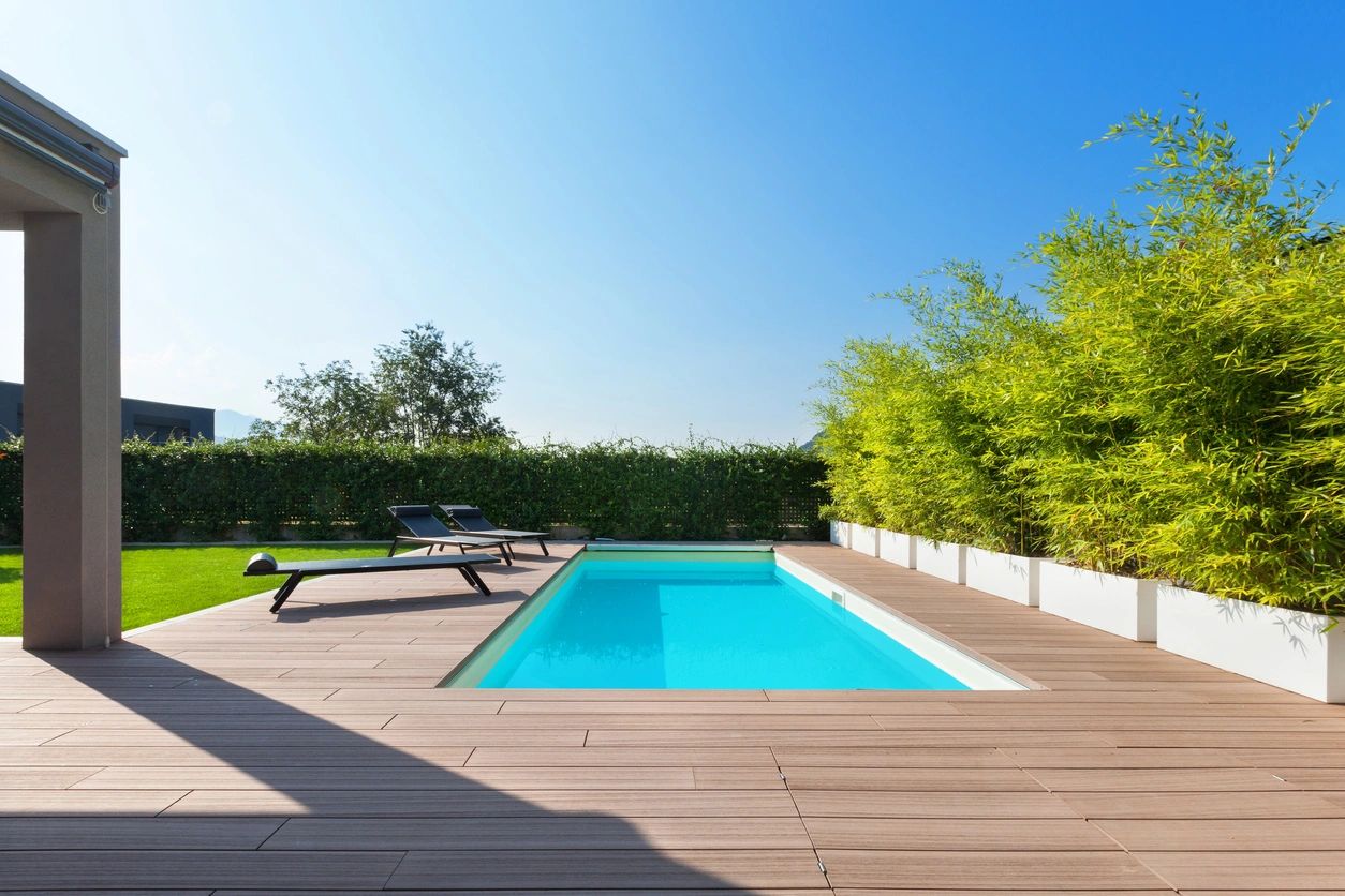 A sunlit backyard swimming pool with clear blue water